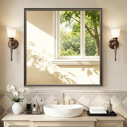 Retro Copper Effect Framed Wall Mirror, 36x36 Rectangle Mirror, Anti-desilvering Tempered Glass, Sustainable& Sturdy Frame, Farmhouse Mirror, Anti-Rust, 3min Fast Setup for Bathroom Living Room