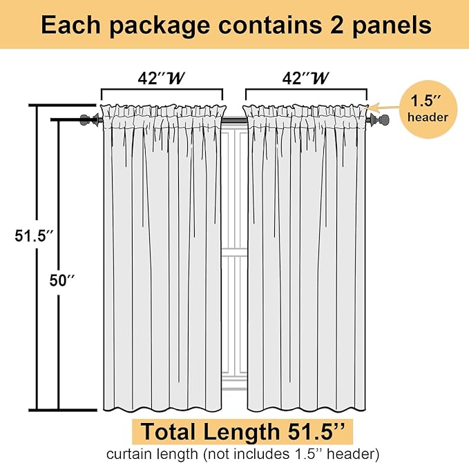 Lecloud Ivory Sheer Curtains 50 Inch Length 2 Pcs, Rustic Farmhouse Curtains with Rod Pockets, Light Filtering Window Solid Drapes for Bedroom Bathroom Basement Living Room, Each Panel 42" W x 50" L