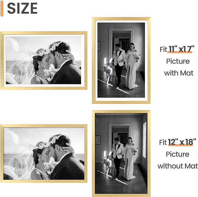 upsimples 12x18 Picture Frame, Display Pictures 11x17 with Mat or 12 x 18 Without, Wall Hanging Poster Frames, Gold, 1 Pack