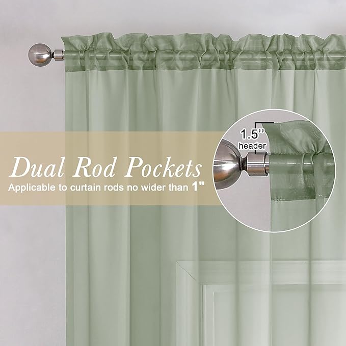 Lecloud Sheer Curtain Panels Set 96" Inches Long, Solid Voile Light Filtering Airy Curtains Window Treatment Drapes for Living Room, 2 Panels Elegant Bedroom Sheer Curtains, Sage Green, 40" Wx96 L