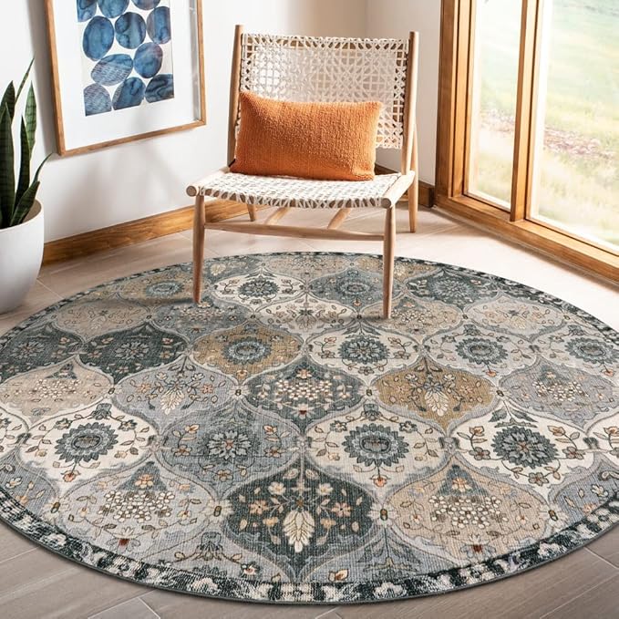 Lahome Moroccan Trellis Washable Round Area Rug, Soft Round Rugs 6ft Ultra-Thin Non-Slip, Vintage Large Circle Carpet for Bedroom Living Room Kitchen Nursery Elise, Grey