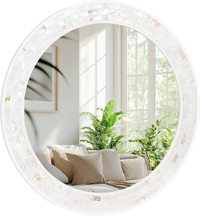 Tanmicoshomy Round Wall Mirror 24 Inch,Circle Mosaic Mirror with Natural Mother of Pearl and Wood Frame, Decorative Coastal Round Wall Mirror for Bathroom Bedroom Living Room Entryway