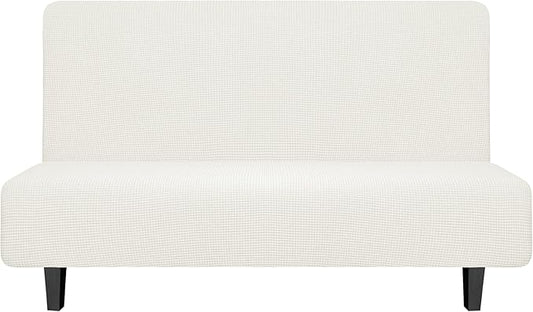 Easy-Going Stretch Futon Slipcover Armless Futon Bed Cover Furniture Protector Without Armrests with Elastic Bottom for Kids, Soft Jacquard Fabric Small Checks (Medium, Cream)