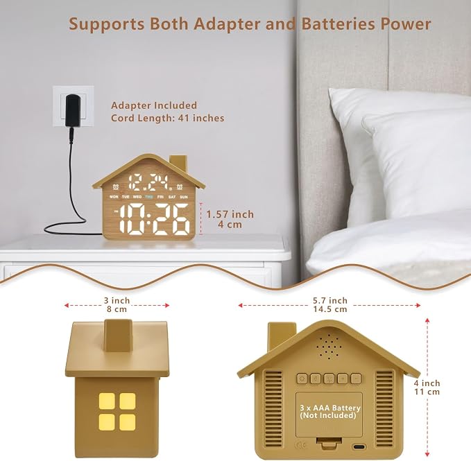 Plumeet Wooden Digital Alarm Clock, Bedroom Clock with Large Numbers, Date, Week, Dual Alarms, Dimmer and Ambient Light, House-Shaped Electric Bedside Desk Clock, Adapter Batteries Powered - Image 5