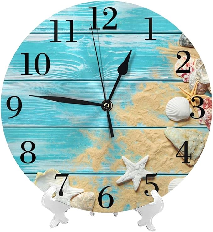 sea Shells Wooden Board Background Wall Clock Battery Operated Silent Round Clock Wall Decor for Home Office School, 12 Inch