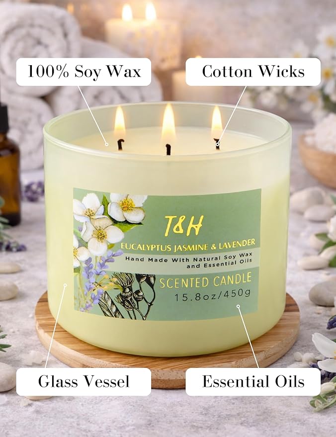 Eucalyptus Jasmine Lavender Scented Candle | 3 Wick Large Soy Candles for Home 15.8oz | Calming Spa Aromatherapy Candle | Strong Scent Long Lasting Clean Burn | Stress Relief Gift for Women & Men