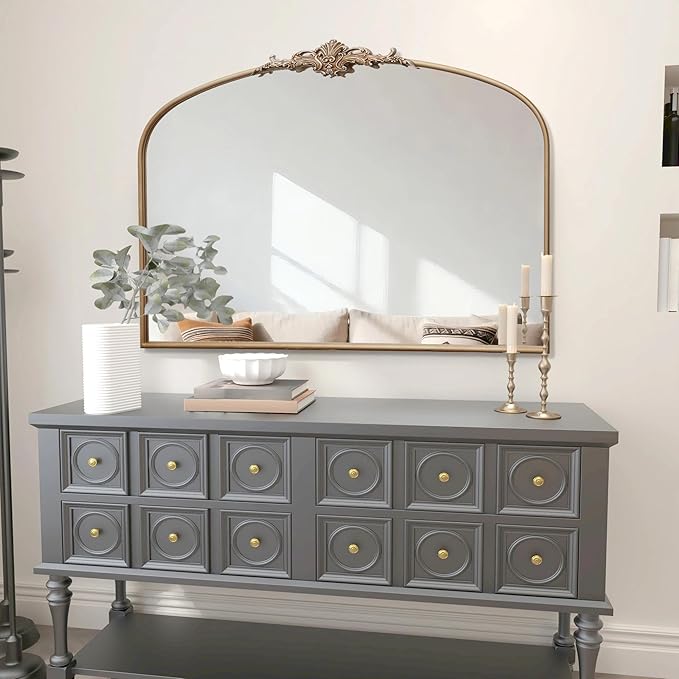 Besdomus Large Arched Vintage Mirror: 48"x33" French Oversize Champagne Gold Antique Wall Mounted Mirror - Baroque Traditional Ornate for Fireplace/Bathroom/Living Room - Home Decor for Housewife