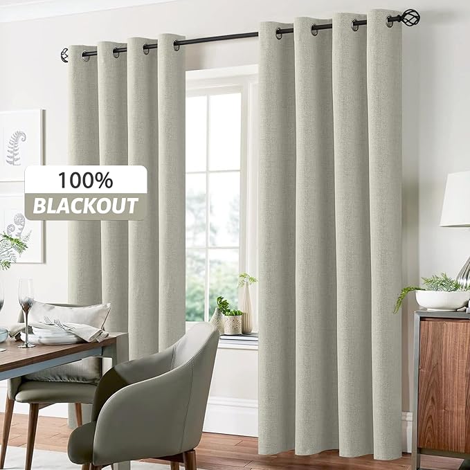 Yakamok Cream Linen Curtains 100% Blackout 90 Inches Long,Room Darkening Textured Curtains for Living Room Thermal Grommet Bedroom Curtain 2 Panels with Greyish White Liner