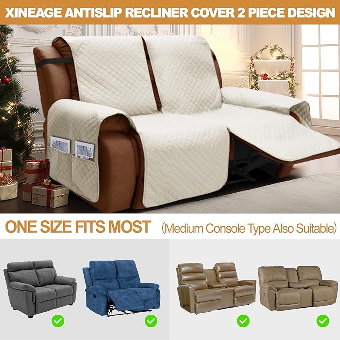 XINEAGE Water Resistant Recliner Cover, 2 Seat Loveseat Covers with Pockets, Quilted Thick Protector Cover for Dog Pets with Non Slip Backing and Strap (Beige)