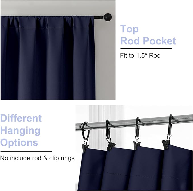 Simplebrand Ava Navy Blue Blackout Curtains for Bedroom - 72 Inch Length x 40 Inch Width, Privacy Insulated Thermal Rod Pocket Panels