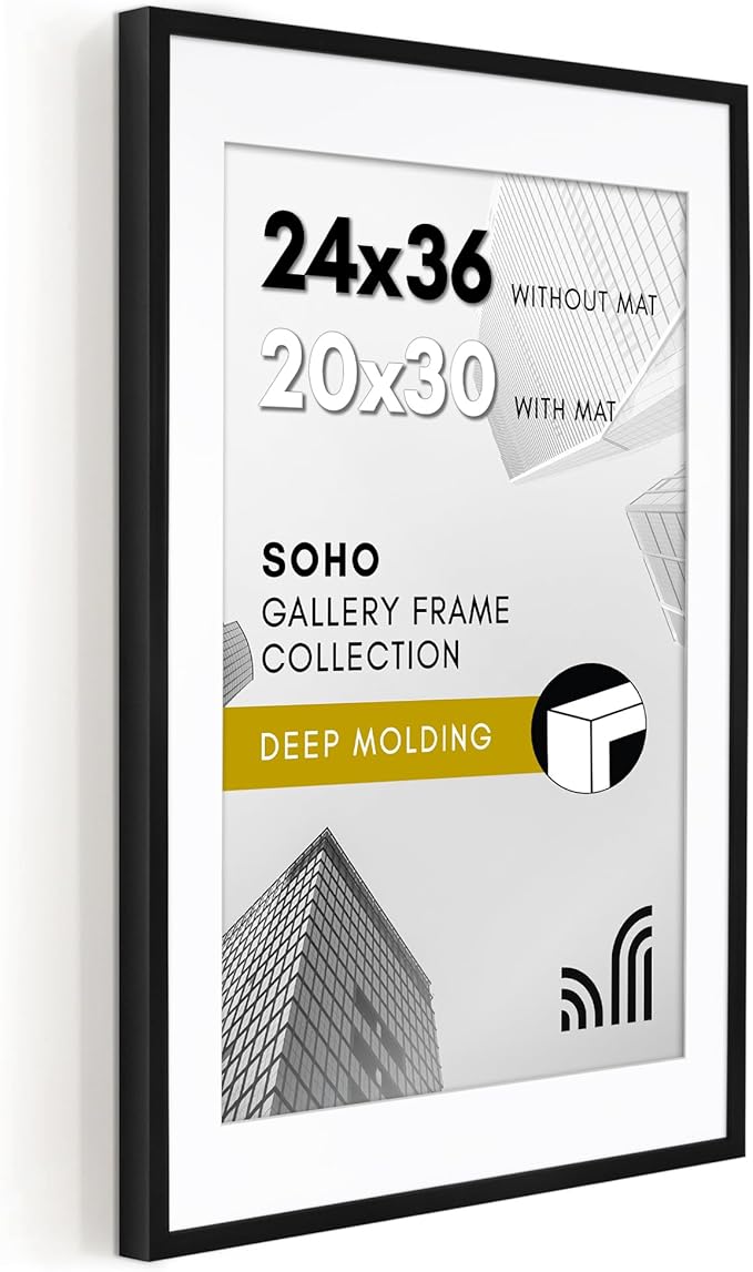 Americanflat 24x36 Poster Frame with Polished Plexiglass - Use as 20x30 Frame with Mat or Display 24x36 Photo Without Mat - Soho Collection - Deep Molding Picture Frames for Wall Display - Black