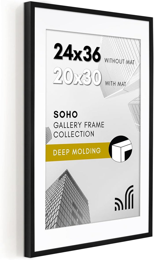 Americanflat 24x36 Poster Frame with Polished Plexiglass - Use as 20x30 Frame with Mat or Display 24x36 Photo Without Mat - Soho Collection - Deep Molding Picture Frames for Wall Display - Black