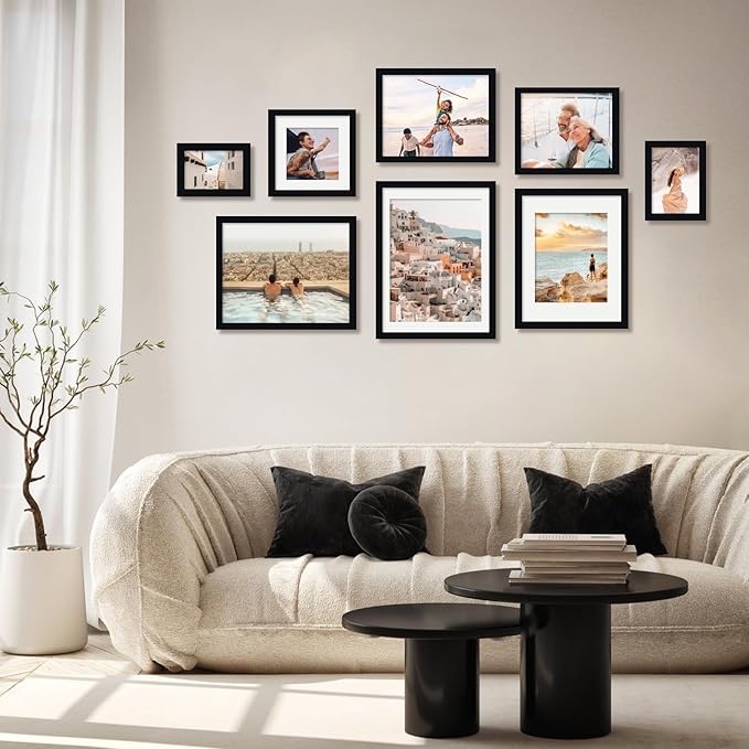 Egofine 5x7 Picture Frame 4PCS Made of Solid Wood, Display Picture 3.5x5/4x6 with Mat or 5x7 Covered by Plexiglass for Table Top Display and Wall Mounting Photo Frame, Black with Texture