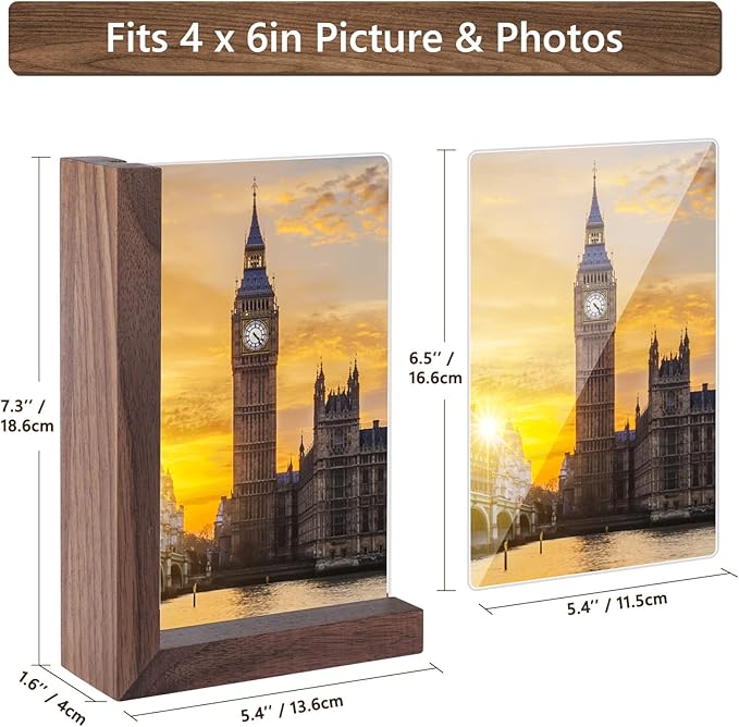Mixoo 4x6 Picture Frames 2 Pack - Rustic Vintage Wooden Picture Frames 4x6 L-shape Wood Double Side Acrylic Photo Frame Vertical & Horizontal Display for Table Top or Desktop