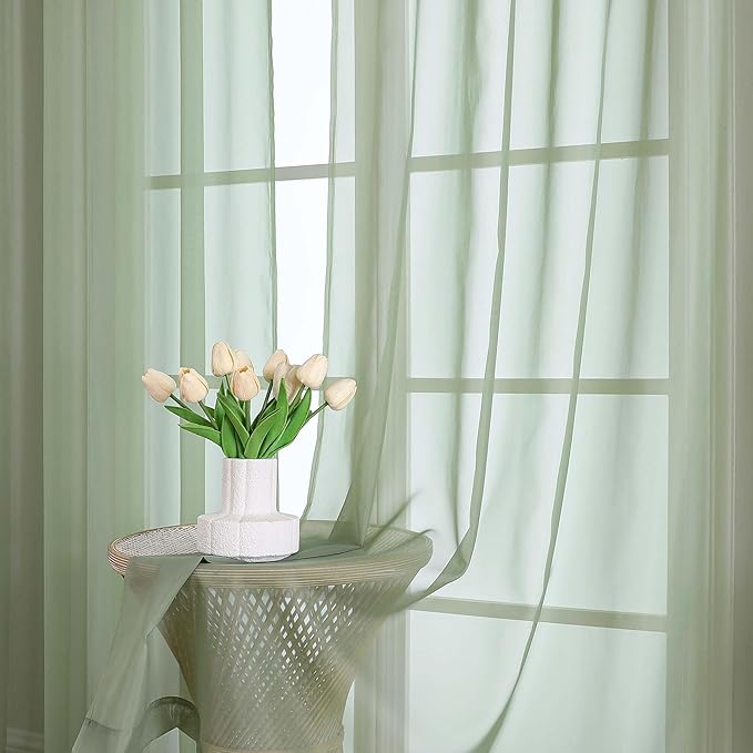 Lecloud Sage Green Sheer Curtains 63 Inch Length 2 Pcs, Dual Rod Pockets Light Filtering Window Curtains for Bedroom, Farmhouse Voile Solid Drapes for Living Room Bathroom, Each Panel 59" W x 63" L