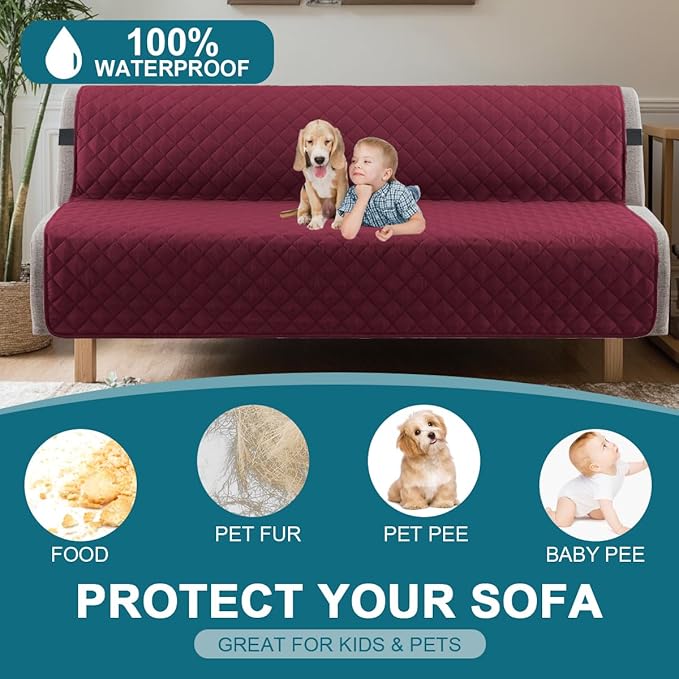 Turquoize 100% Waterproof Futon Cover Futon Slipcover Washable Armless Sofa Bed Slipcover Protector Seat Width Up to 70" with Adjustable Elastic Strap Anti-Slip for Dogs, Burgundy