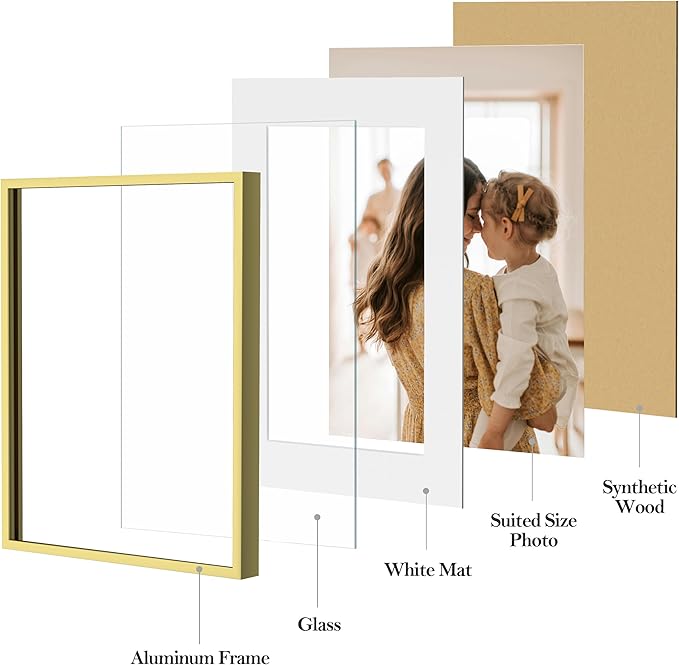 eletecpro Aluminum Gallery Wall Frame Set of 16, Including 2Pcs 11x14, 2Pcs 8x10, 6Pcs 5x7, 6Pcs 4x6 Photo Frames for Wall or Tabletop Display, Multiple Sizes Picture Frames Collage Wall Decor, Gold
