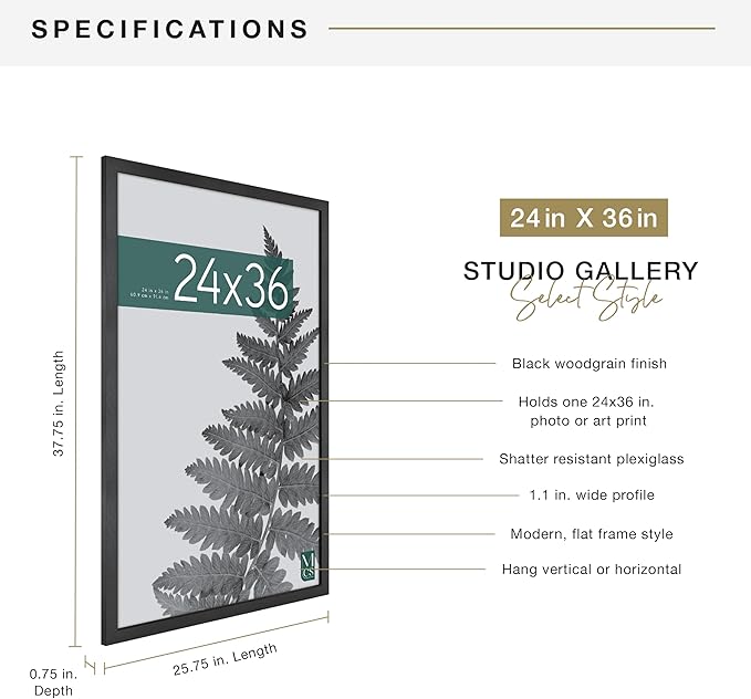 MCS Studio Gallery Movie Poster Frame 24x36 Black Woodgrain Engineered Wood, Vertical & Horizontal Wall Hanging Large Picture Frame for Photos, Artwork & Custom Posters (1-Pack)