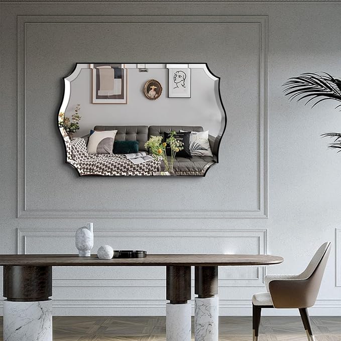 POZINO Scalloped Beveled Mirror, 24"x36" Rectangle Bathroom Vanity Mirror for Over Sink, Modern Aesthetic Wavy Shaped Wall Mirrors for Living Room Bedroom Entryway, Horizontal or Vertical Hanging