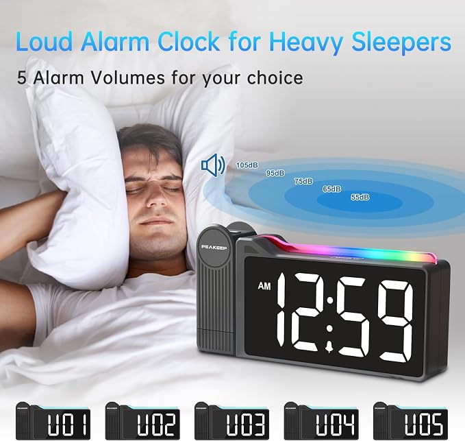 Peakeep Projection Alarm Clock for Bedroom Ceiling with Colorful Nightlight - Image 6