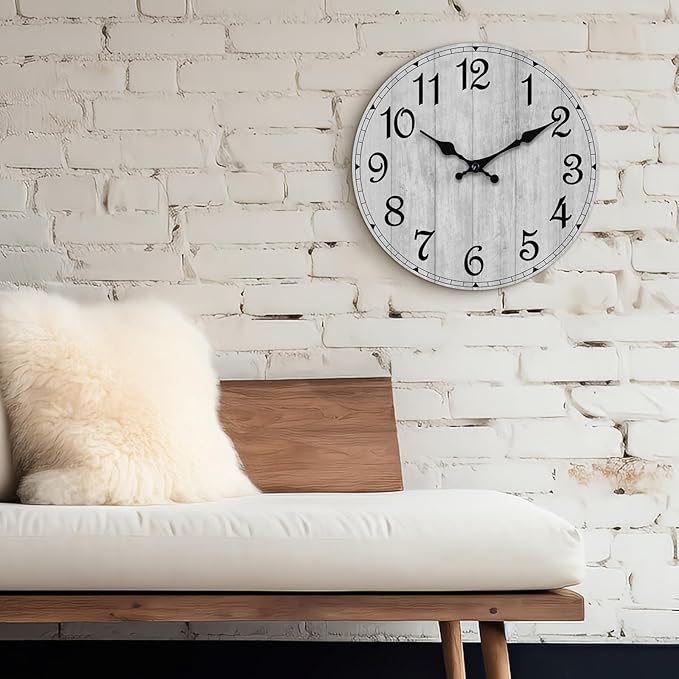 HYLANDA Wall Clock 14 Inch, Gray Wall Clocks Battery Operated Silent Non Ticking, Vintage Rustic Wooden Clocks Decorative for Kitchen Bathroom, Living Room, Bedrooms, Dining Room, Office (14")