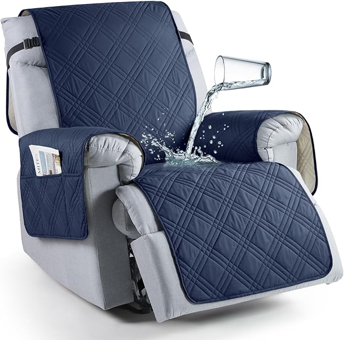 TAOCOCO Waterproof Recliner Chair Cover for Large Recliner, Oversized Recliner Covers for Recliner Chair with Pocket, Recliner Slipcover Furniture Protector for Kid Pets(28'', Navy Blue)