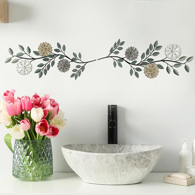MorningRo 2 Pcs Metal Flower Leaves Wall Art Spring Wall Decor Living Room, 15.75 Inch Vintage Rustic Branch Leaf Wrought Iron Scroll Art Decor for Spring Bedroom Indoor Outdoor Decorations(Green)