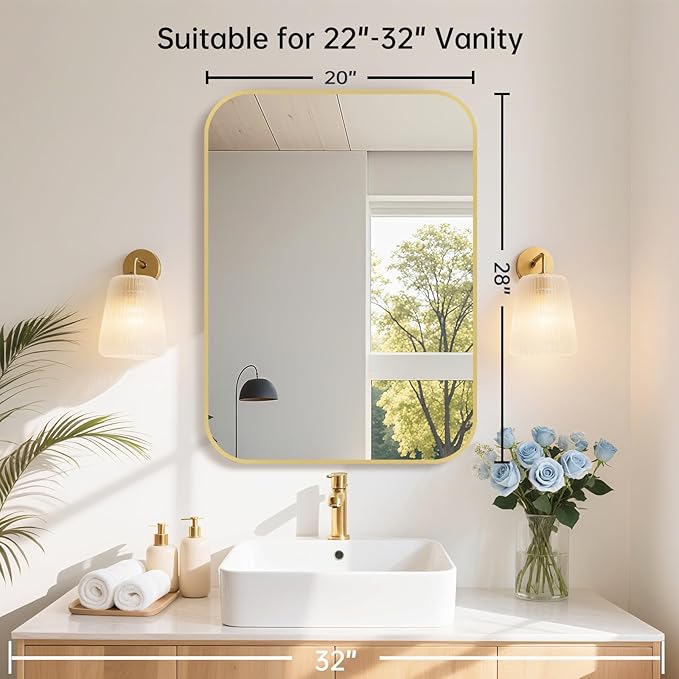 20x28 Inch Gold Bathroom Mirror, Brushed Brass Gold Metal Framed Rectangular Mirror with Rounded Corner, Bathroom Vanity Mirror for Bedroom or Living Room, Horizontal/Vertical