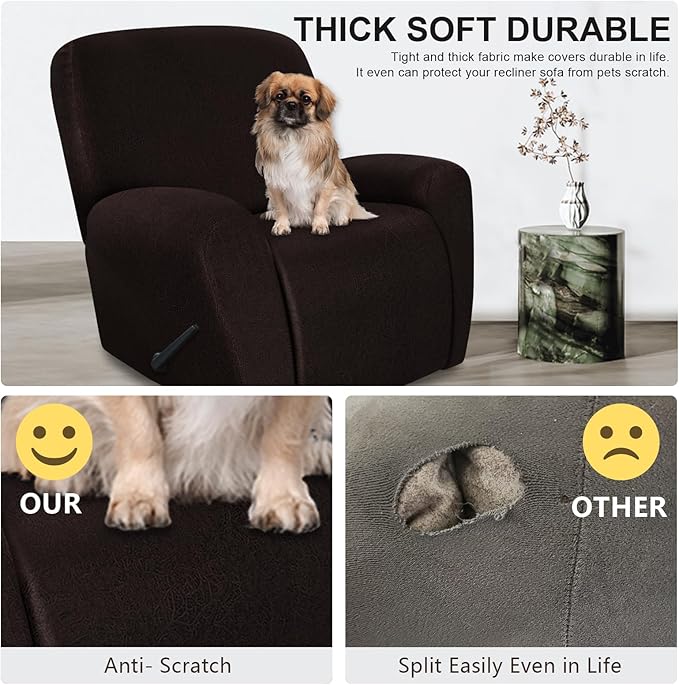 ANARACHON Recliner Chair Covers Leather Look, 4 Pieces Recliner Covers Non Slip, Soft Slipcovers for Large Recliners, Furniture Protector Washable for Pets (1 Seater, 05 Chocolate)