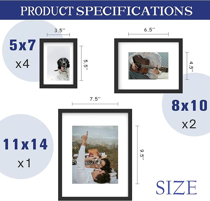 An&He 7 Pack Picture Frames Collage Wall Decor, Gallery Wall Frame Set for Wall or Tabletop Display, Multi Sizes with One 11x14, Two 8x10, and Four 5x7 Photo Frames, Black