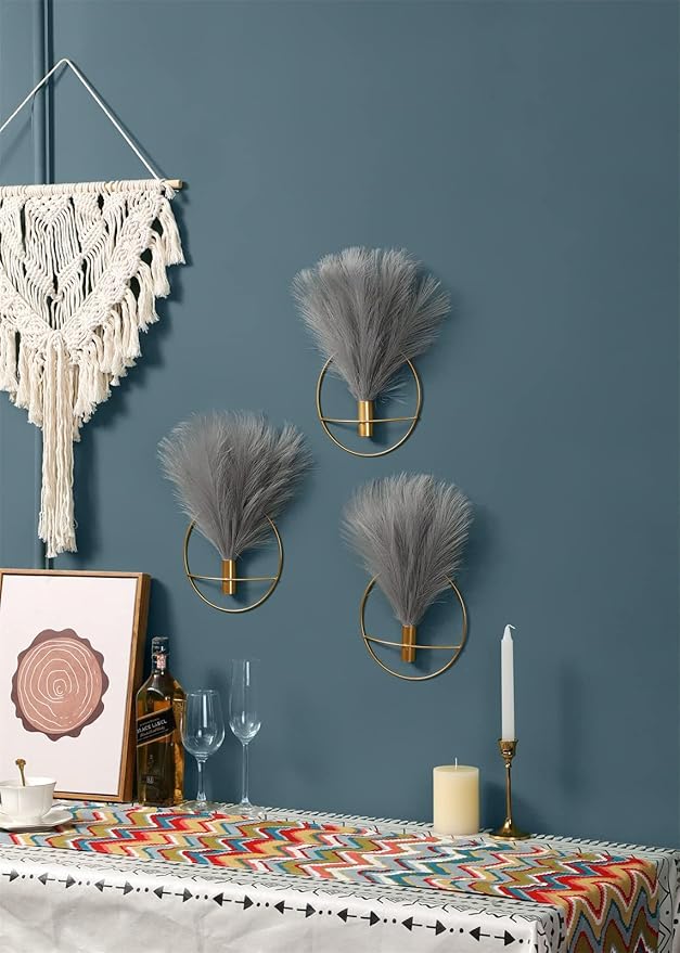 Pretty Jolly Boho Wall Decor, Wall-Mounted Metal Art, Hanging Artificial Pampas Display, Living Room, Bedroom, Bathroom, Diningroom, Fake Faux Plant 2 Pack Black Brown