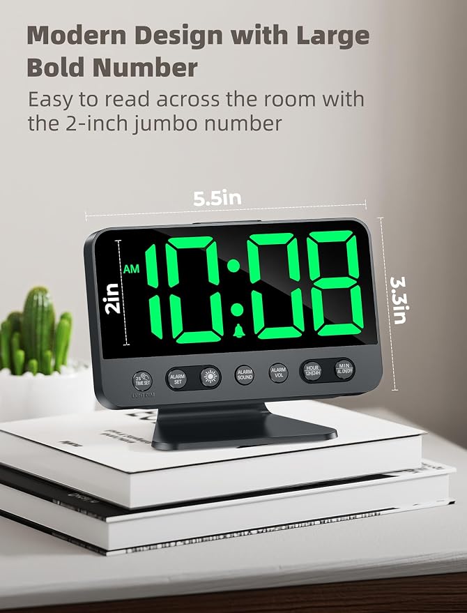 Odokee Digital Alarm Clocks for Bedrooms with Large Bold Number | Electric Desk Clock with Night Light & Brightness Dimmer - Loud Alarm for Heavy Sleepers with Adjustable Volume - Green - Image 2