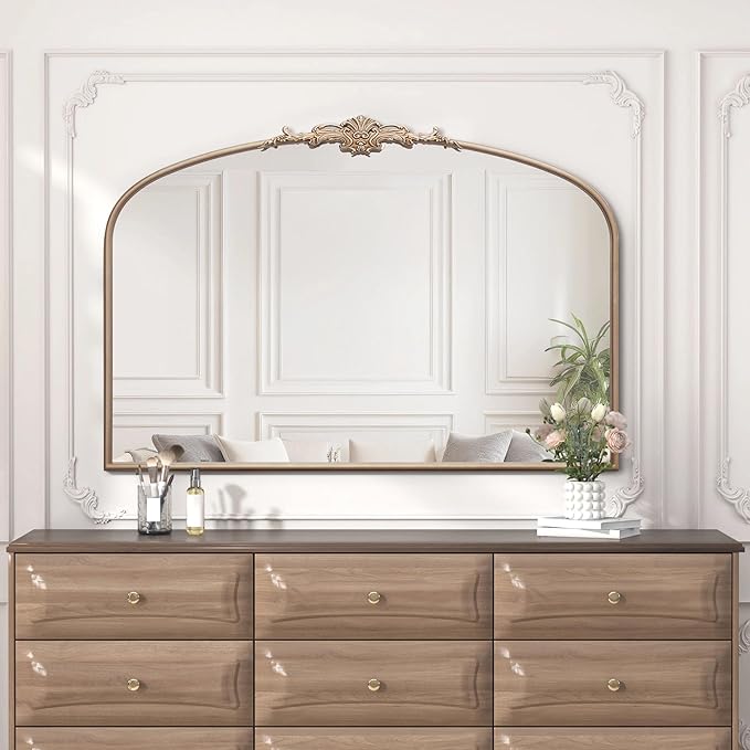 Besdomus Large Arched Vintage Mirror: 48"x33" French Oversize Champagne Gold Antique Wall Mounted Mirror - Baroque Traditional Ornate for Fireplace/Bathroom/Living Room - Home Decor for Housewife