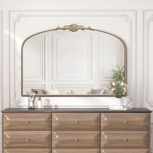 Besdomus Large Arched Vintage Mirror: 48"x33" French Oversize Champagne Gold Antique Wall Mounted Mirror - Baroque Traditional Ornate for Fireplace/Bathroom/Living Room - Home Decor for Housewife