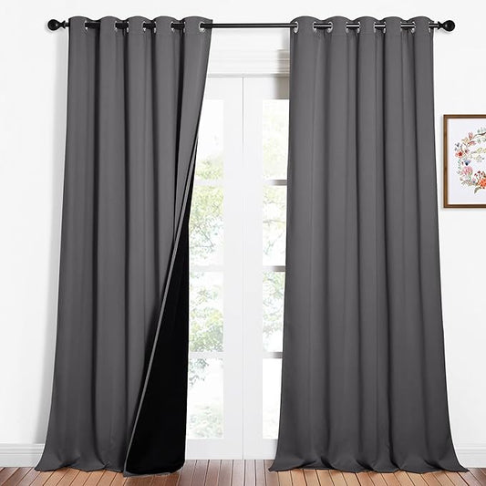NICETOWN Total Shade Curtains and Draperies, Heavy-Duty Full Light Shading Drapes with Black Liner Backing for Villa/Hall/Dorm Window（Gray, Package of 2 Panels, 62 inches Wide x 95 inches Long