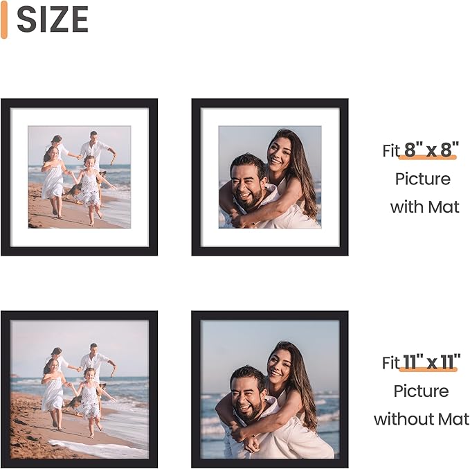 upsimples 11x11 Picture Frame, Display Pictures 8x8 with Mat or 11 x 11 Without, Wall Hanging Square Frames, Black, 1 Pack