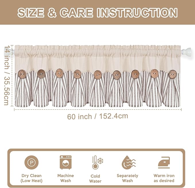 ASPMIZ Farmhouse Valances for Windows, Boho Kitchen Valances Curtains with Rustic Buttons, Brown Striped Window Valance for Living Room, Cotton Linen Valance for Bathroom, 60 x 14 Inches