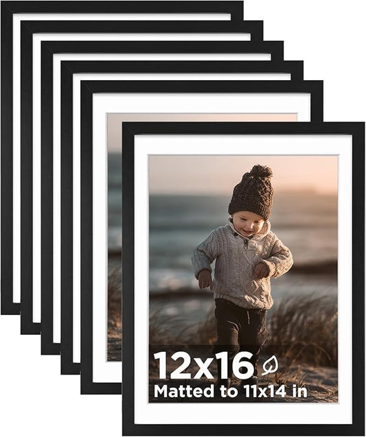 KINLINK 12x16 Picture Frame Black, Wooden 16x12 Photo Frames with Plexiglass for 11x14 Picture with Mat or 12x16 Without Mat, Perfect for Art Wall Gallery and Tabletop Display 12 x 16 frame Set of 6