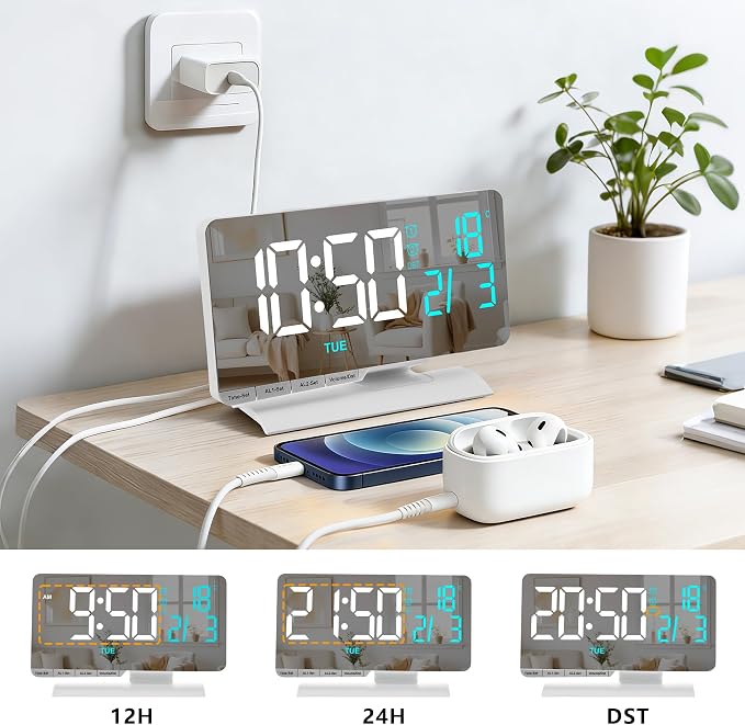 SZELAM Digital Clock,Alarm Clock Bedside,7.3'' Large LED Mirror with Date - Image 7