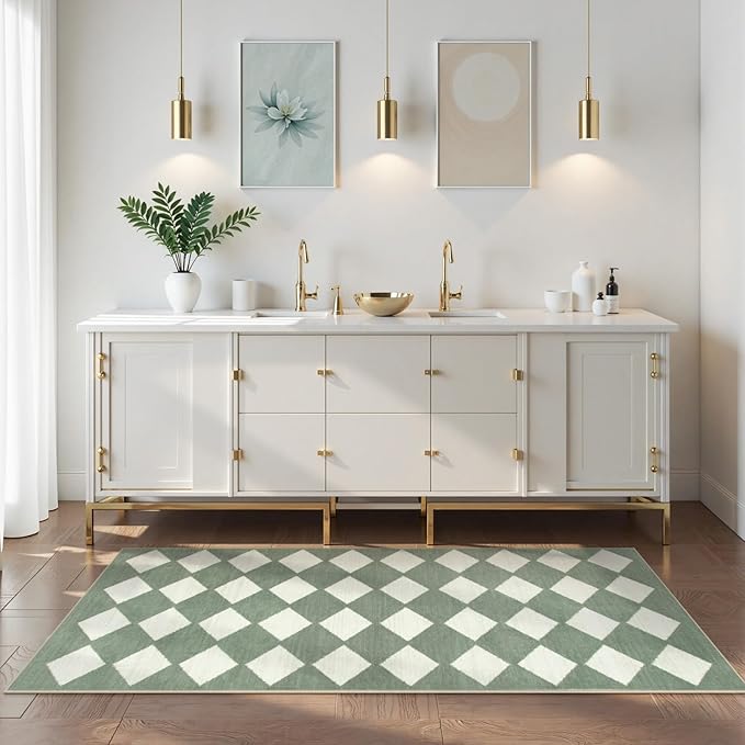 Lahome Zelie Checkered Washable 2x6 Green Runners for Hallways Non Slip, Ultra-Thin Kitchen Bathroom Runner Rugs, Moroccan Trellis Throw Carpet Runner for Bedroom Entryway Decor (2'x6',Green)