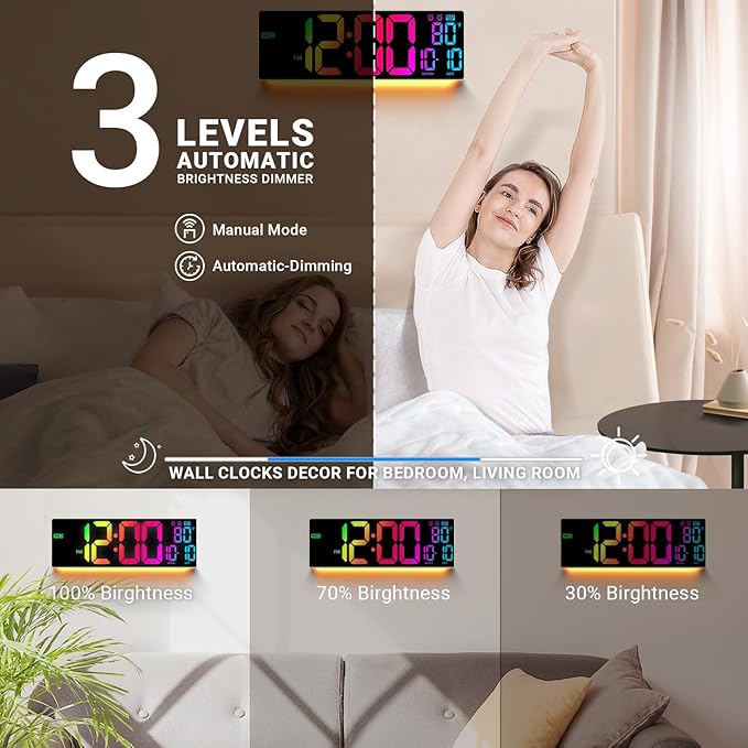 16.5" Large Digital Wall Clock: 11 RGB Color LED Display with Remote Control, Auto DST, Temperature & Date, Big Number Wall Clock for Seniors, Classroom, Office, Gym, Home Decor Khaki