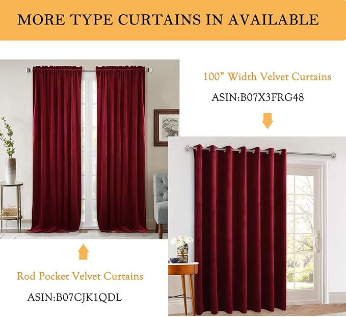 StangH 108-inch Long Velvet Curtains - Luxurious Velvet Fabric Room Darkening Draperies Decorative Large Backdrops for Home Theater/Sliding Glass Door, Red, W52 x L108 inches, 2 Panels