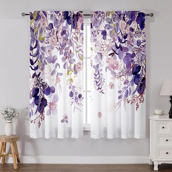 Purple Eucalyptus Floral Curtains 63 Inch Length Watercolor Flower Plant Light Filtering Curtains for Living Room Farmhouse Rustic Dining Room Curtain Wildflower Kitchen Curtain 2 Panels