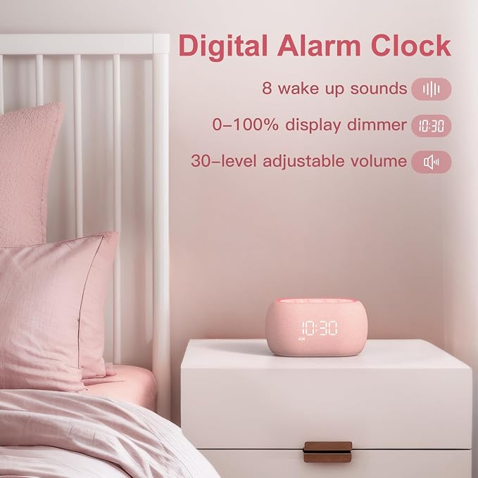 ANJANK White Noise Sound Machine Alarm Clock with Bluetooth Speaker, Hi-Fi Stereo Sound, 21 Soothing Sounds/7 Night Lights, 0-100% Dimmer/Sleep Timer, Soother for Teens Kids Girls, Bedroom, Pink - Image 6