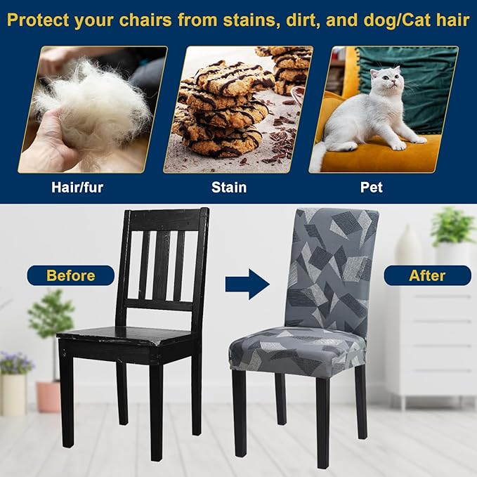 Chair Covers for Dining Room Set of 4, Dining Chair Covers, Kitchen Chair Covers, Stretch Removable Washable Dining Chair Slipcovers for Home, Hotel, Banquet, Grey Irregular Shapes