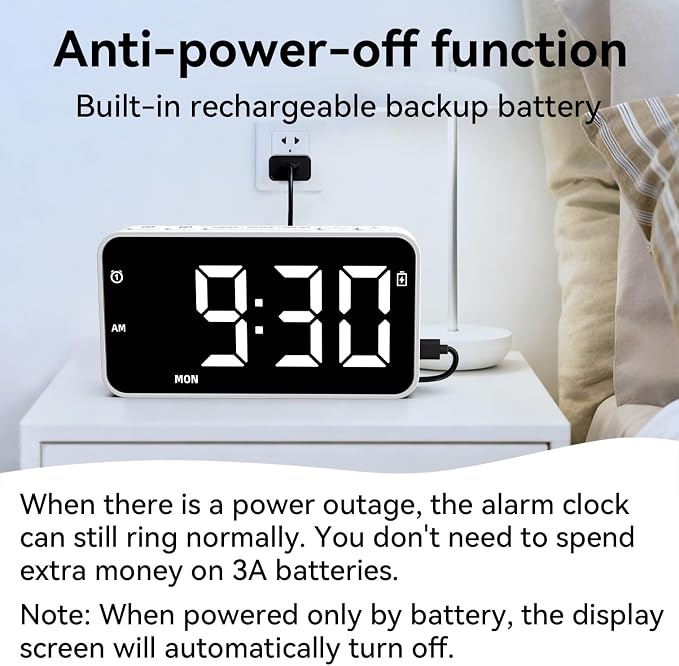 Plug in Digital Alarm Clocks with Rechargeable Backup Battery for Bedrooms Living Room Study Loud Bedside Desk Clock with Memory Function Dual Alarm 3 Modes Weekends Weekdays Every Day for Kids Adults - Image 5