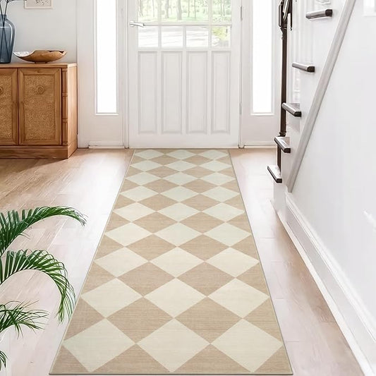 Beeiva Checkered Print Carpet Runners for Hallway 6ft, Beige Ultra Thin Washable Kitchen Runner Rug Non Slip, Moroccan Plaid Checkerboard Decor Faux Wool 2x6 Rug for Bedroom Bathroom Entryway