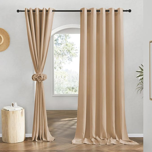 NICETOWN Flax Camel Linen Curtains for Room Divider, Grommet Top Thick Flax Semi Sheer Vertical Drapes Privacy Assured with Light Filtering for Sliding Glass Door, W68 x L96, 2 Pieces