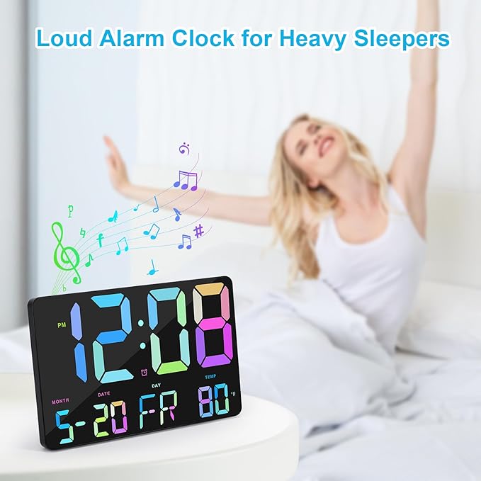 Amgico Digital Alarm Clock with Snooze, Temperature, Auto Dimming, 11.5" Large Display Calendar, Desk/Wall Clock for Bedroom, Living Room, Office, Home, Classroom,Elderly - Rainbow
