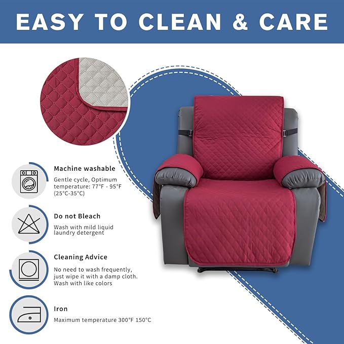 XINEAGE Water Resistant Recliner Cover, Nonslip Recliner Chair Covers for Reclining Chair with Pockets, Quilted Thick Recliner Slipcovers for Pets and Kids (Recliner Chair, Red)
